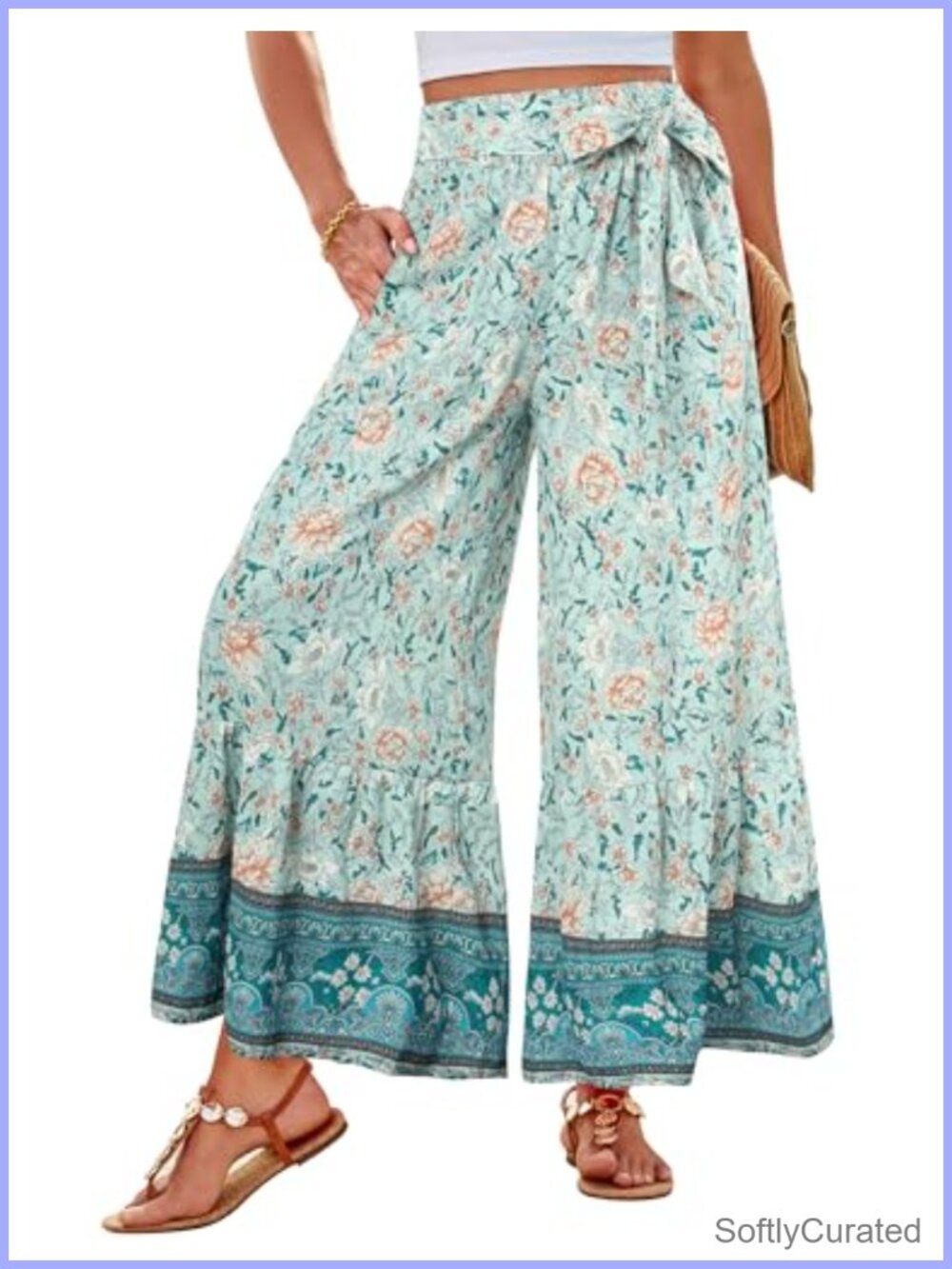 Wide Leg Palazzo Pants Flowy Beach Trousers High Waist Belted